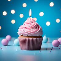 ai generiert festlich Freude Geburtstag Cupcake mit Rosa Sahne auf Blau Hintergrund zum Sozial Medien Post Größe foto