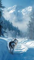 ai generiert still Reise Musher und Schlitten Hunde navigieren schneebedeckt Wildnis Expedition Vertikale Handy, Mobiltelefon Hintergrund foto