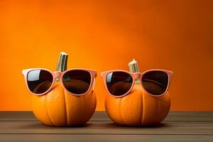 ai generiert cool und gespenstisch Halloween Kürbisse mit Sonnenbrille auf Orange Hintergrund foto