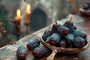 ai generiert Fasten Tradition medjool Termine auf ein Tisch, symbolisch Ramadan Bilder foto