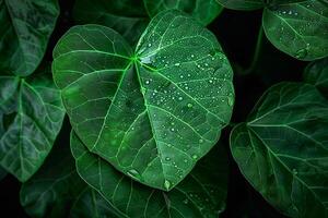 ai generiert Bild schließen oben von Regen geküsst Grün Blätter, Wasser Tröpfchen glitzern zart foto