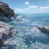 ai generiert Küsten Schönheit Küste Texturen gegen ein heiter Blau Seelandschaft Hintergrund zum Sozial Medien Post Größe foto