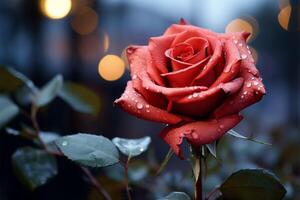 ai generiert romantisch locken rot Rose mit glitzernd Tau Tropfen auf Bokeh foto