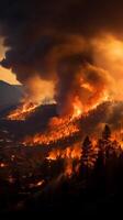 ai generiert Berg Lauffeuer heftig Flammen verschlingen das Berghang im ein dramatisch Szene Vertikale Handy, Mobiltelefon Hintergrund foto