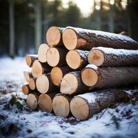 ai generiert Bauholz im Schnee Holzstapel von gesägt Kiefer Baum Stämme draußen zum Sozial Medien Post Größe foto