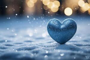 ai generiert Valentinsgrüße Tag Magie Blau Herz auf Schnee mit Bokeh Hintergrund foto