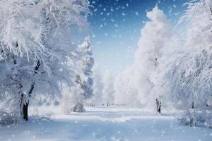 ai generiert schneebedeckt Ruhe Winter Wald Landschaft mit gefroren Bäume foto