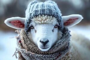 ai generiert bezaubernd Winter Szene Schaf tragen Schal und Mütze fügt hinzu Charme foto