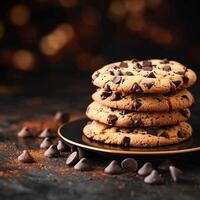 ai generiert verlockend Freude Schokolade Chip Kekse auf dunkel Hintergrund mit Text zum Sozial Medien Post Größe foto