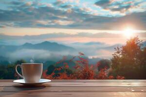 ai generiert Morgen Sonnenschein, Kaffee Becher auf ein hölzern Balkon 3d Rendern foto