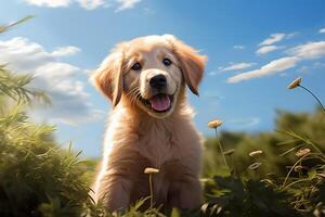 ai generiert spielerisch Unschuld süß golden Retriever Welpe posiert auf beschwingt Grün foto