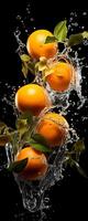 ai generiert diese hoch Foto erfasst das anmutig freier Fall von glitzernd Orangen und Wasser, ihr saftig Formen suspendiert im in der Luft, auf ein schwarz Hintergrund präsentieren das dynamisch Schönheit von Natur