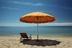 ai generiert Orange retro Sonnenschirm Regenschirm auf das Strand durch das Ruhe Meer. Sommer- Ferien Konzept. ai generiert foto