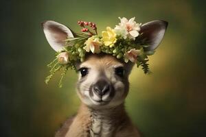 ai generiert Baby Känguru tragen Blume Krone foto