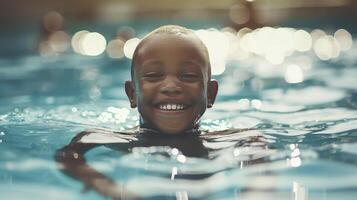 ai generiert Kind schwimmt im das Schwimmbad foto