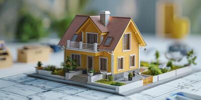 ai generiert architektonisch Gebäudeplan mit 3d Modell- von gemütlich klein Haus foto