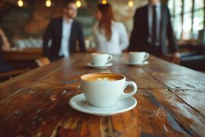 ai generiert Geschäft Menschen Stehen um ein Tabelle mit Kaffee foto