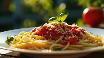 ai generiert Spaghetti mit Tomate Soße und Parmesan Käse auf Weiß Teller foto