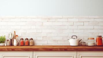 ai generiert Küche Arbeitsplatte mit Utensilien auf Weiß Backstein Mauer Hintergrund foto