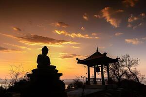 ai generiert Silhouette von Buddha Statue auf das Berg beim Sonnenuntergang foto