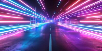 ai generiert schnelle Geschwindigkeit Neon- Licht Wanderwege, leeren Straße foto