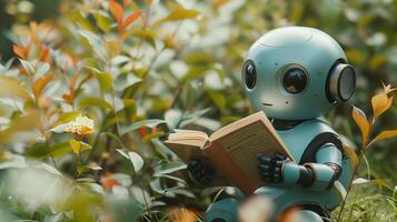 ai generiert süß Roboter lesen Buch außen, künstlich Intelligenz Konzept foto