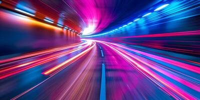 ai generiert schnelle Geschwindigkeit Neon- Licht Wanderwege, leeren Straße foto