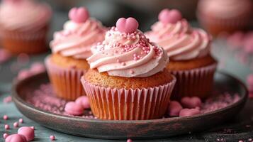 ai generiert Rosa gefrostet Cupcakes geschmückt mit herzförmig Belag und Sträusel auf ein Platte, perfekt zum ein Süss Valentinstag Tag behandeln. foto