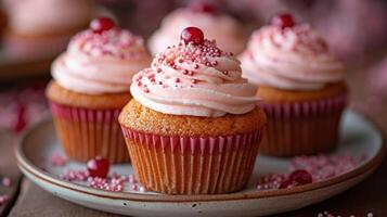 ai generiert Gourmet Cupcakes mit Rosa Glasur und ein Kirsche auf Spitze, umgeben durch Sträusel auf ein Platte, hervorrufen ein festlich Valentinstag Stimmung. foto