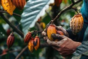 ai generiert Kakao Bohne Ernte Verfahren, Kakao Bohne Plantagen foto