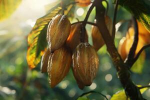 ai generiert Kakao Bohnen auf ein Baum foto