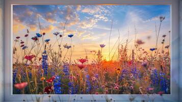 ai generiert Banner Feld mit Wildblumen im rahmen, Blüte, Konzept Frühling, Sommer, natürlich Hintergrund foto