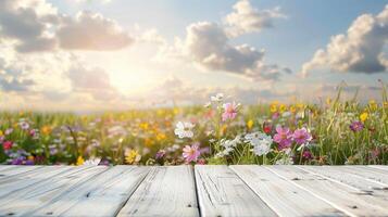 ai generiert Banner leeren hölzern Weiß Tabelle Plattform mit Wildblumen blühen Hintergrund. zum Produkt Anzeige foto