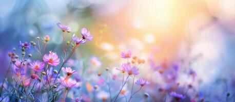 ai generiert Banner Feld mit Wildblumen, Blütenblätter beleuchtet durch das Sonne, Blüte, Konzept Frühling, Sommer, natürlich Hintergrund foto