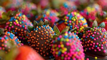 ai generiert mit Schokolade überzogen Erdbeeren von anders Farben gestapelt im Reihen, ein köstlich Dessert foto