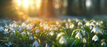 ai generiert Banner Feld mit blühen Schneeglöckchen im Frühling, Frühling Konzept, Natur Erwachen foto