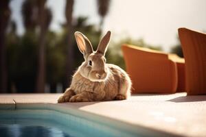 ai generiert ai generiert Bild. Ostern Hase entspannend Nächster zu das Schwimmen Schwimmbad foto