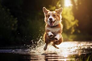 ai generiert ai generiert Bild. süß Corgi Hund Laufen und Springen im ein Teich foto