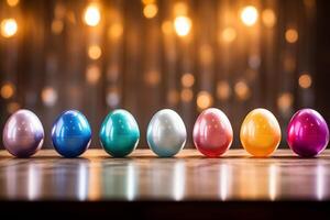 ai generiert ai generiert Bild. bunt Ostern Eier im ein Reihe auf ein Tabelle mit Kopieren Raum foto