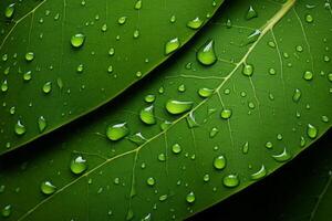 ai generiert ai generiert Bild. schließen oben Aussicht auf ein Grün Blatt Hintergrund mit Wasser Tropfen foto