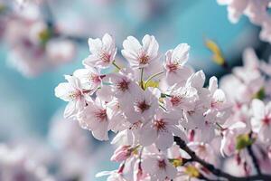 ai generiert Rosa Sakura Blumen Blühen auf Baum Ast im Kirsche blühen Jahreszeit. zart Rosa Sakura Blüten im Frühling. Rosa Sakura Blumen im voll blühen im Frühling. Natur Blumen- Hintergrund. foto