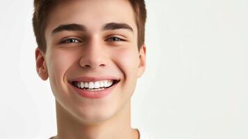 ai generiert jung Mann mit gesund Zähne auf Weiß Hintergrund, Nahaufnahme. Zahnheilkunde Konzept. foto