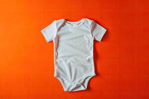 ai generiert Weiß Baby Bodysuit auf Orange Hintergrund. eben legen, oben Sicht. foto