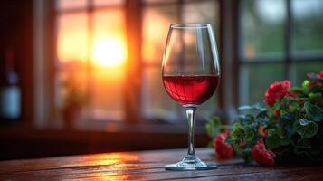 ai generiert ein Glas von Wein auf das Tabelle zum das Morgen Sonnenaufgang, Kopieren Raum. foto