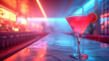 ai generiert Cocktail aus von Glas im Neon- Beleuchtung, Raum zum Text foto