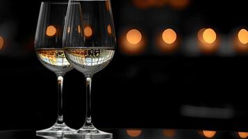 ai generiert zwei Brille von Weiß Wein zum Abendessen schwarz Hintergrund foto