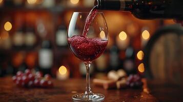 ai generiert rot Wein gegossen in ein Wein Glas im Wein Lager foto