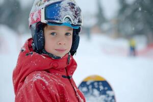 ai generiert Porträt von ein Junge im ein rot Jacke mit ein Snowboard. foto