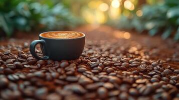 ai generiert heiß Kaffee Tasse mit geröstet organisch Kaffee Bohnen auf hölzern Tabelle hinter das Kaffee Plantage foto