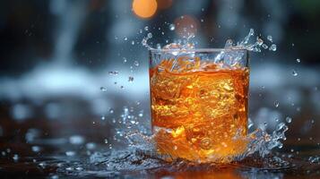 ai generiert Glas von Whiskey mit Eis mit spritzt foto